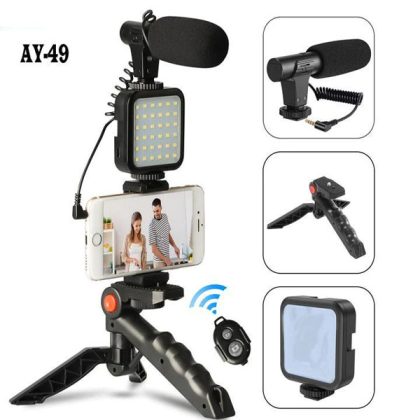 AY-49 Remote Control Video Vlogger Kits Microphone LED Fill Light Mini Tripod For Phone
